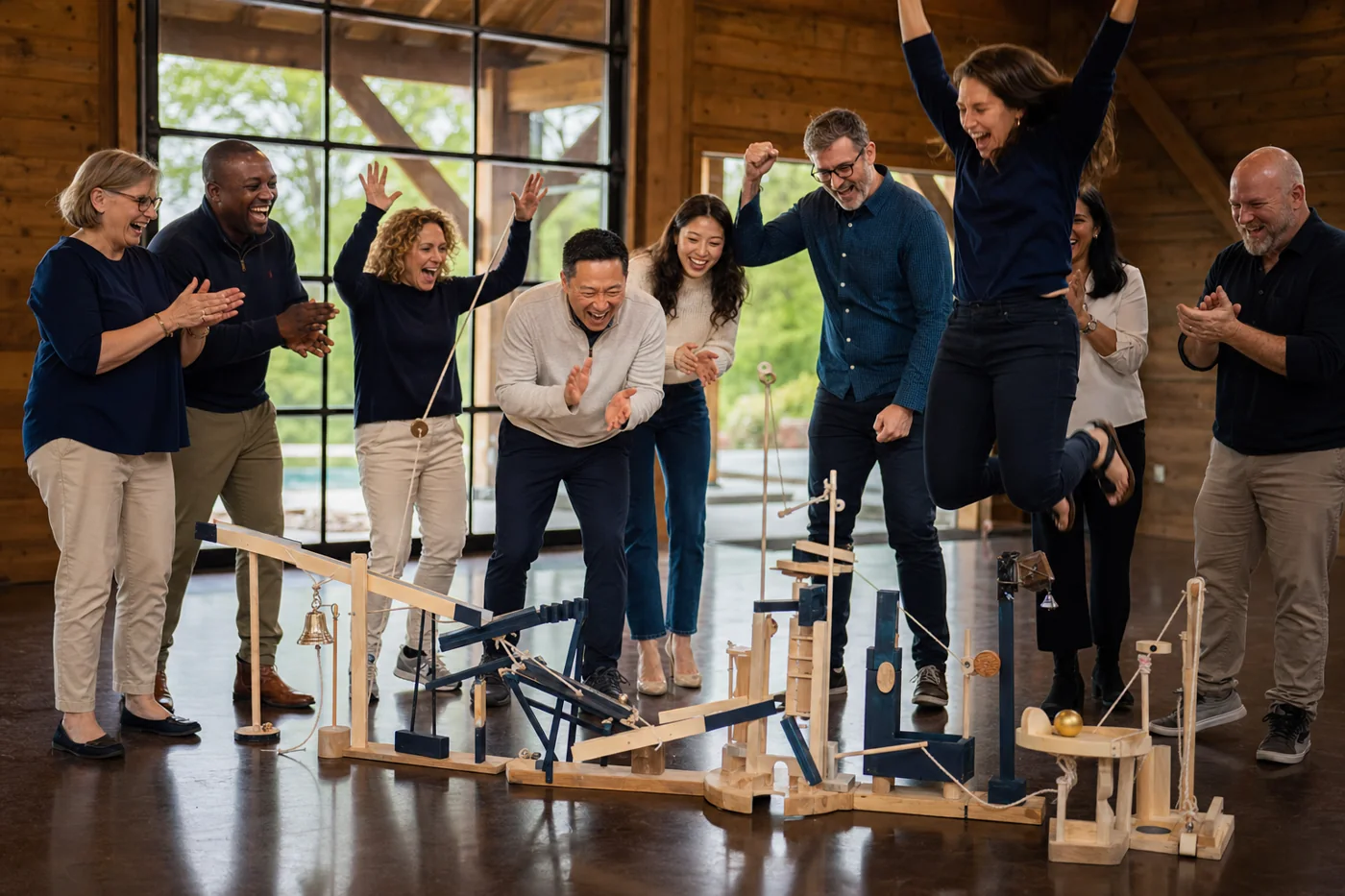Illustrative concept of a team celebrating as a chain-reaction machine succeeds.