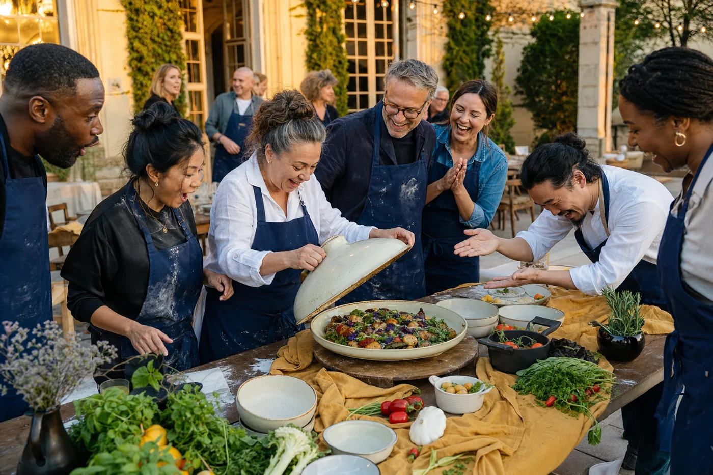 Illustrative concept of colleagues laughing together during a team cook-off.