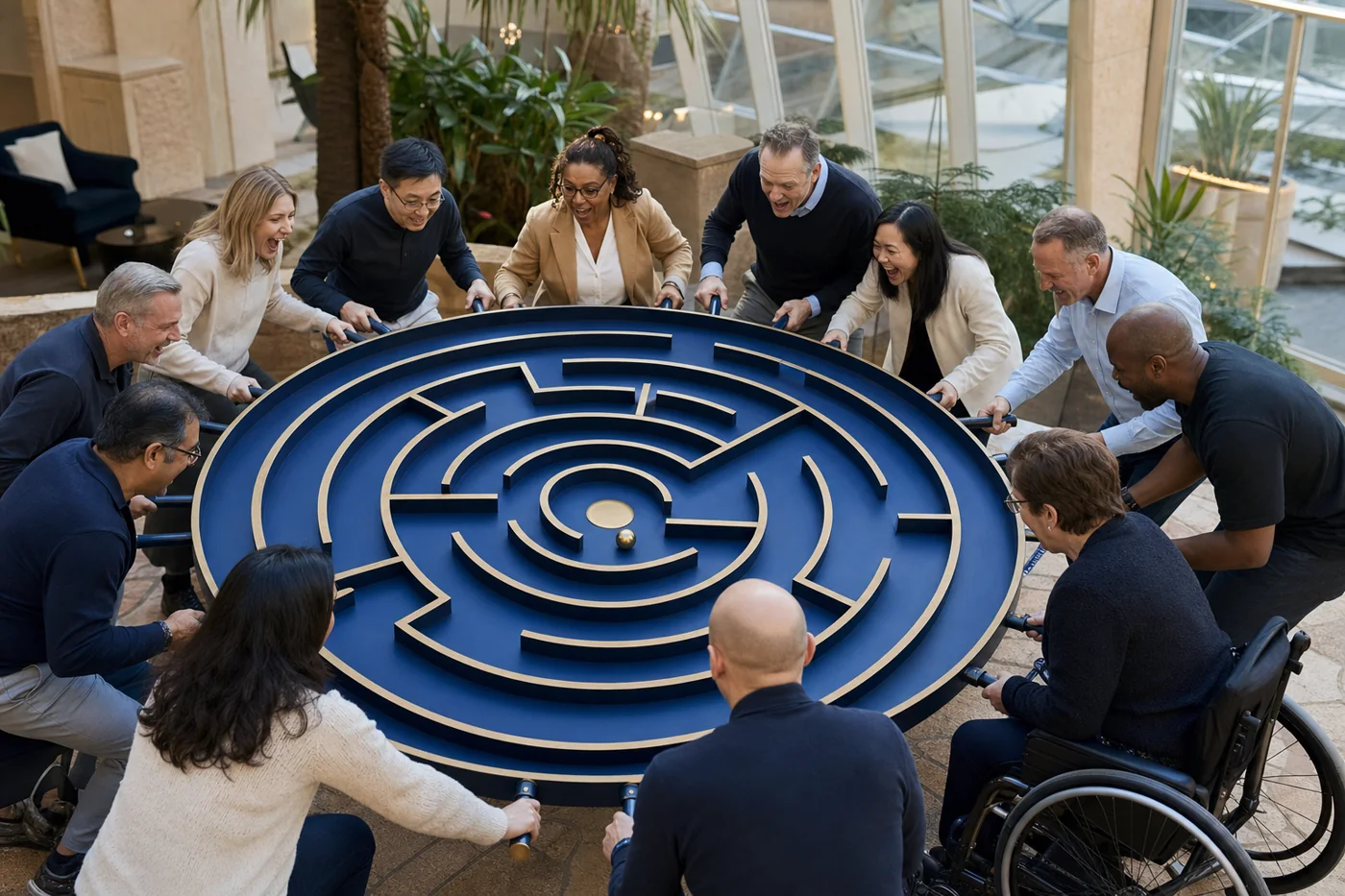 Illustrative concept of a team guiding a ball through a giant shared maze.